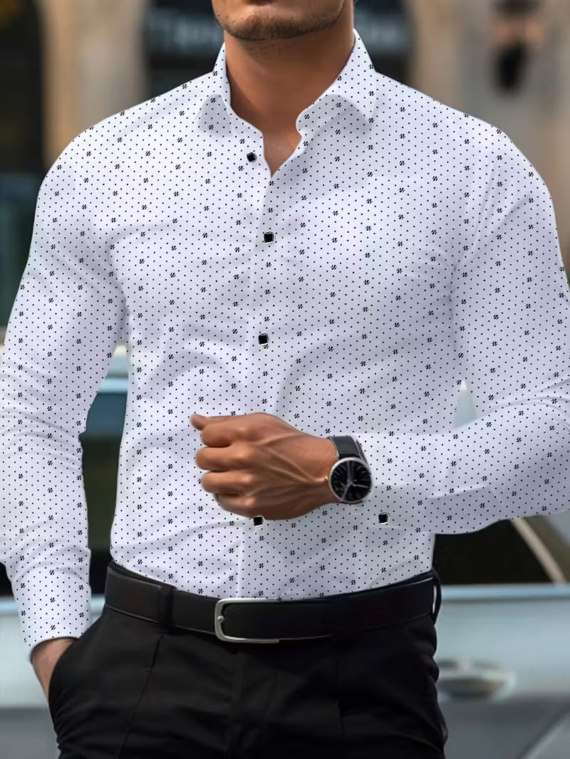 Camisa de Manga Larga con Motivo Microimpreso y Cuello Clásico para Hombre | Ideal para Uso Diario y Contextos Formales