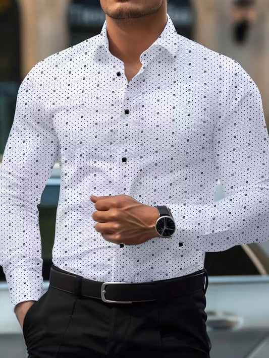 Camisa de Manga Larga con Motivo Microimpreso y Cuello Clásico para Hombre | Ideal para Uso Diario y Contextos Formales