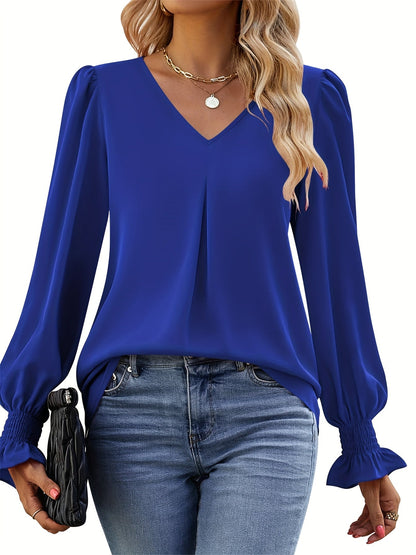 Blusa Con Escote En V Y Mangas Abullonadas Para Mujer | Ideal Para Uso Diario Y Ocasiones Semi-Formales