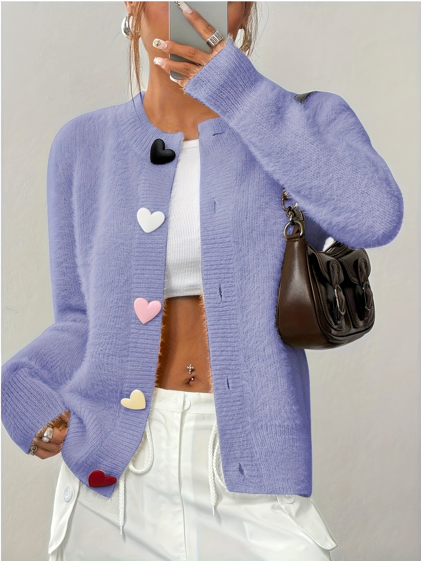 Cárdigan Abierto Con Botones En Forma De Corazón Para Mujer | Ideal Para Uso Diario Y Superposición