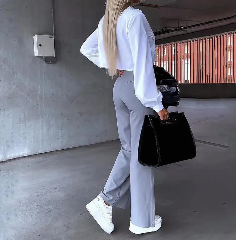 Conjunto De Dos Piezas Con Blazer A Rayas Y Pantalón Con Cordón Para Mujer | Ideal Para Uso Profesional