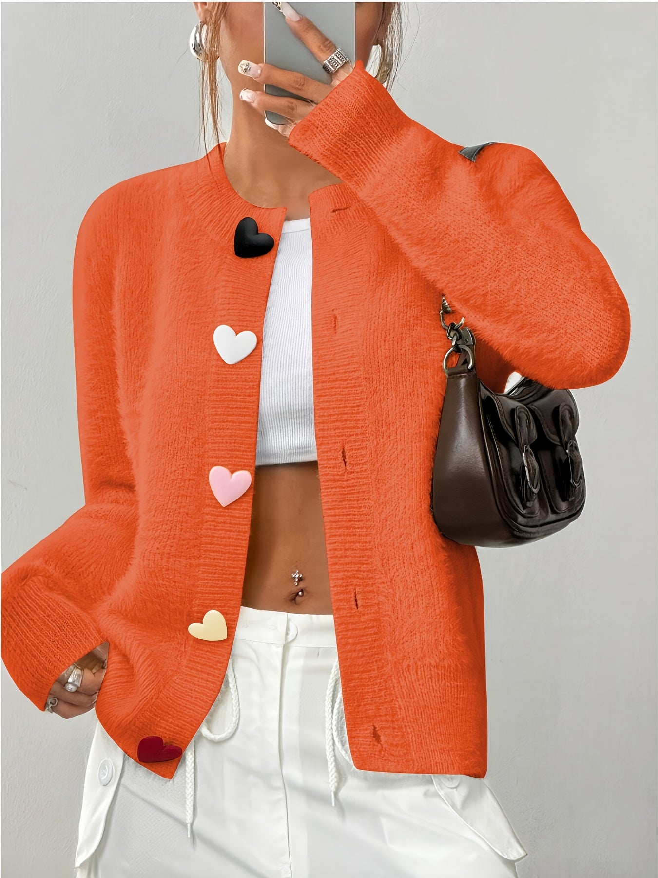 Cárdigan Abierto Con Botones En Forma De Corazón Para Mujer | Ideal Para Uso Diario Y Superposición