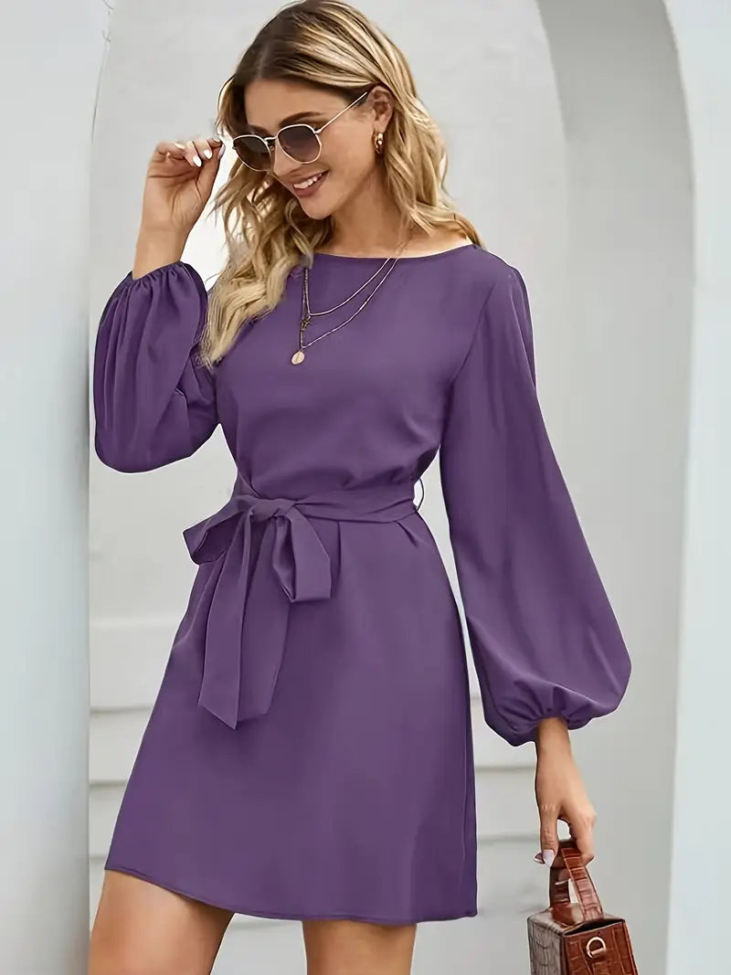 Vestido con Mangas Linterna y Cinturón en la Cintura para Mujer | Ideal para Uso Diario y Salidas Informales