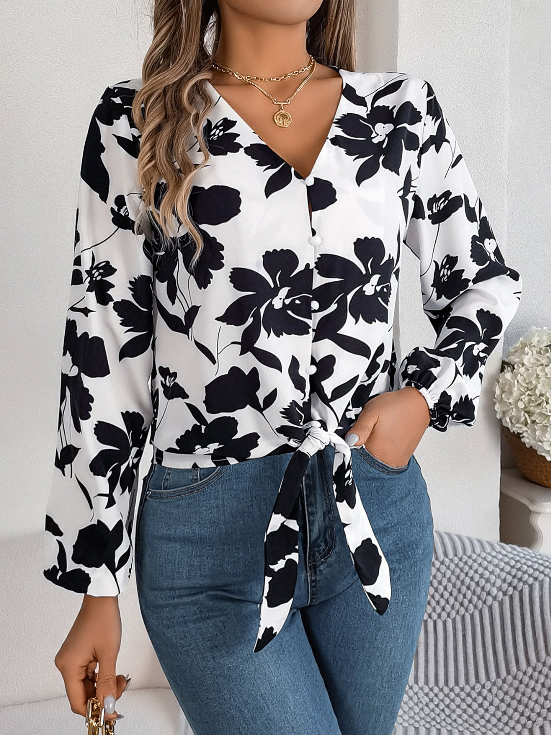 Blusa Con Estampado Integral Y Escote En V Para Mujer | Ideal Para Uso Diario Y Oficina