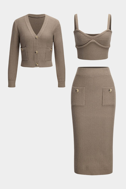 Conjunto de Tres Piezas con Cárdigan, Top Corto y Falda Lápiz para Mujer | Ideal para Uso Diario y Oficina