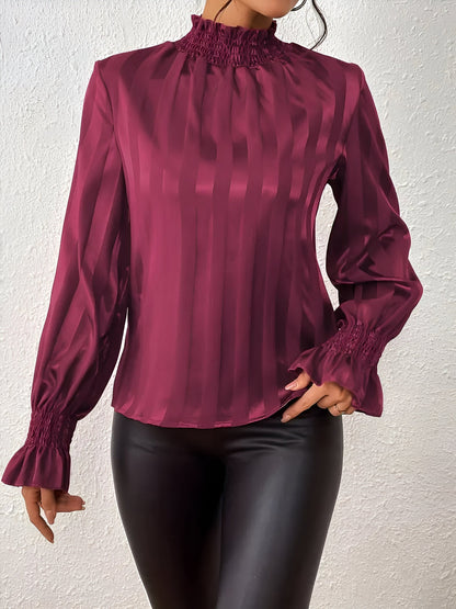 Blusa Plisada Con Mangas Largas Y Motivo A Rayas Para Mujer | Ideal Para Uso Diario O Profesional