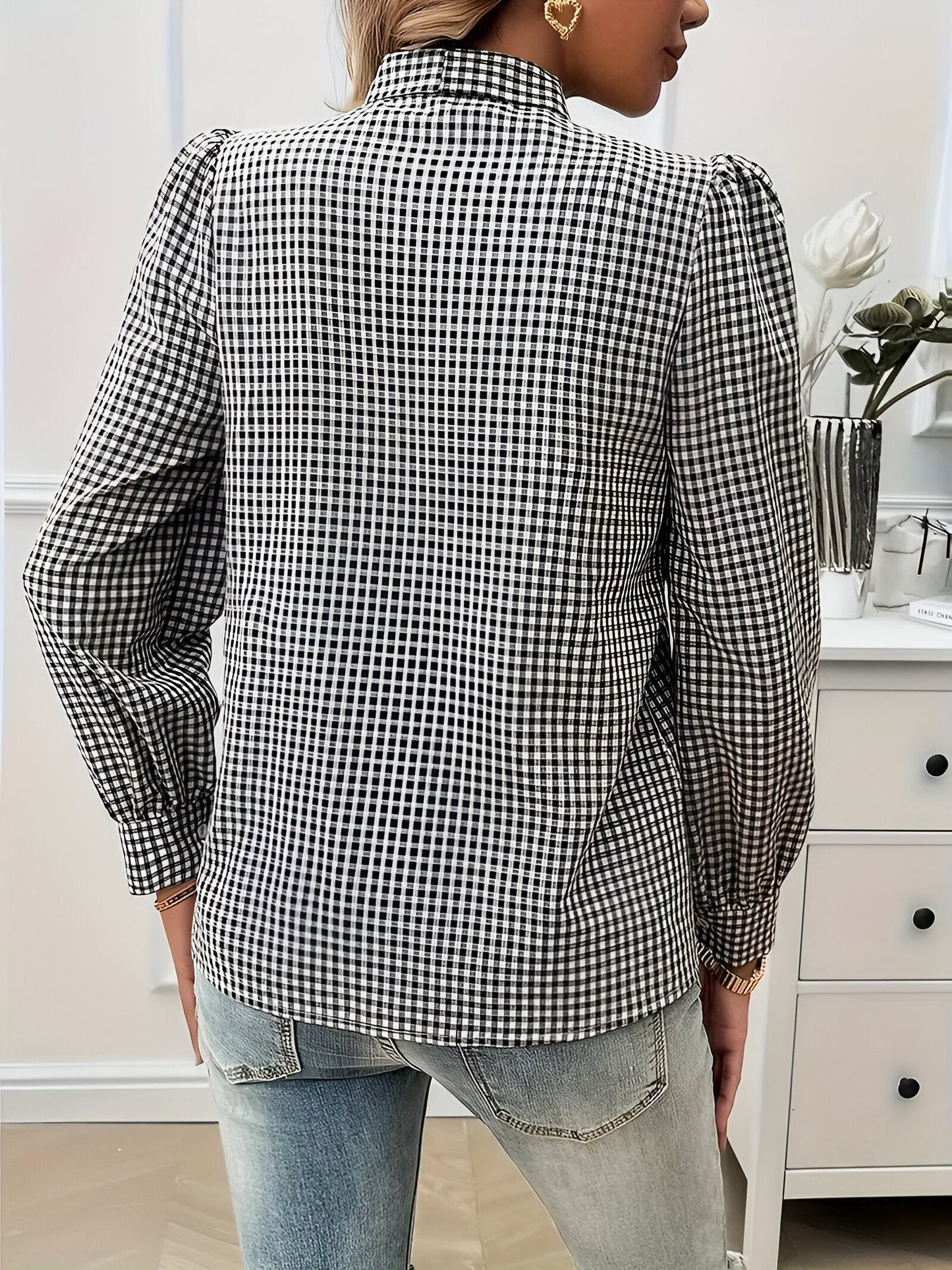 Blusa De Manga Larga Con Estampado De Cuadros Y Detalle De Lazo Para Mujer | Ideal Para Uso Diario O Profesional