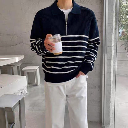 Jersey de Manga Larga con Medio Cierre y Rayas Horizontales para Hombre | Ideal para Uso Diario
