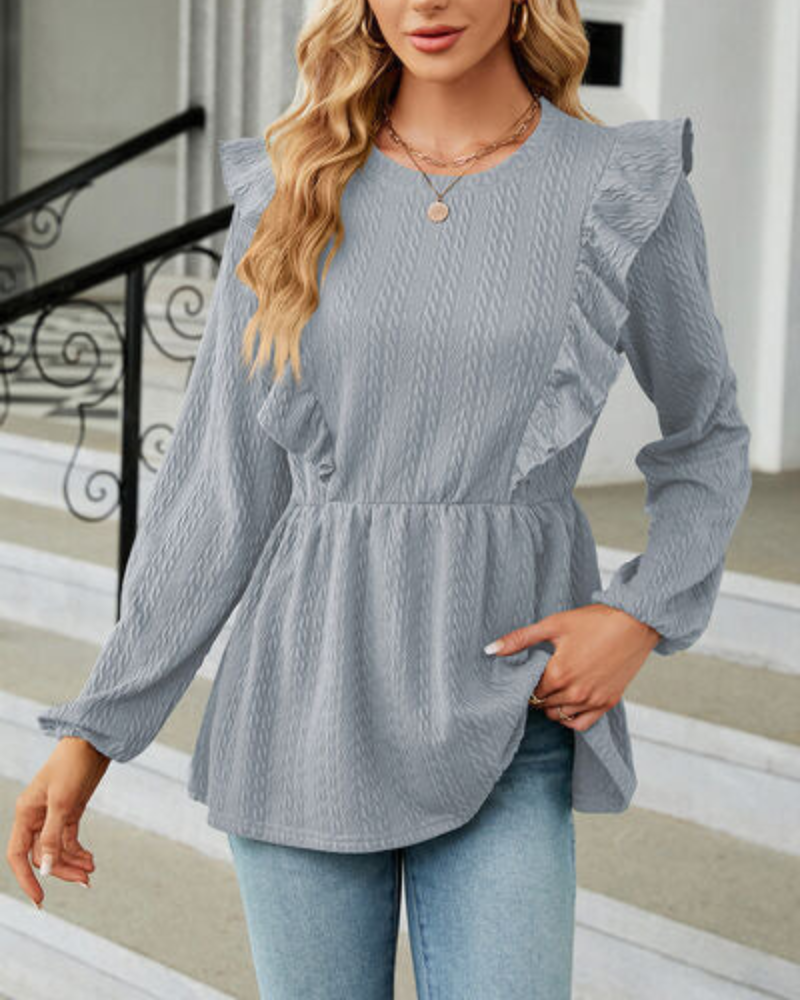 Blusa de Mujer con Cuello Redondo Volanteado y Mangas Largas | Ideal para Uso Diario y Profesional