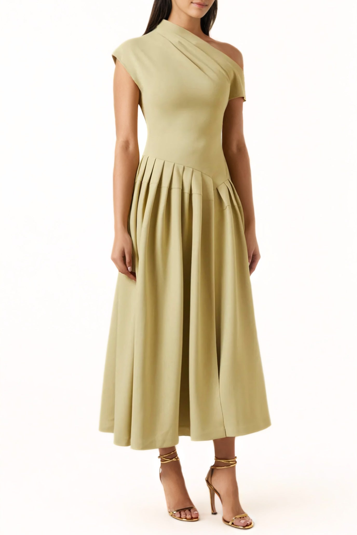 Vestido Midi Con Falda Plisada Y Escote Asimétrico Para Mujer | Ideal Para Eventos Formales