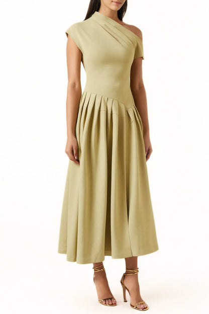 Vestido Midi Con Falda Plisada Y Escote Asimétrico Para Mujer | Ideal Para Eventos Formales