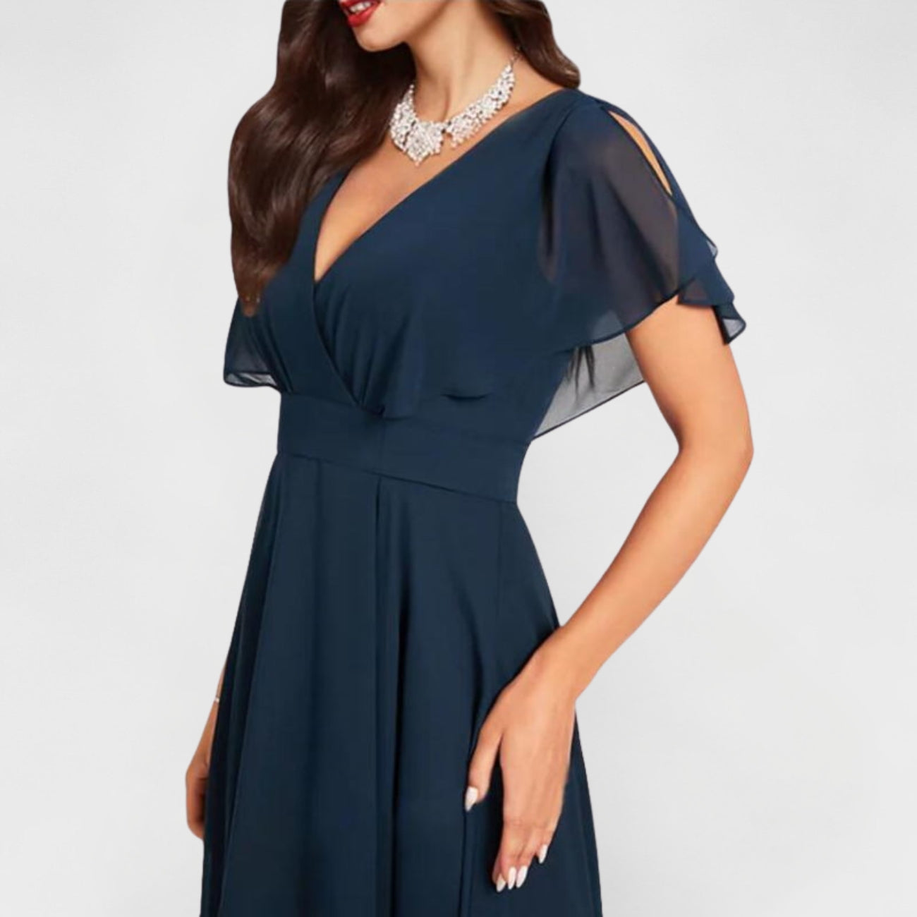 Vestido Con Cuello En V, Mangas Amplias Y Dobladillo Superpuesto Para Mujer | Ideal Para Uso Diario
