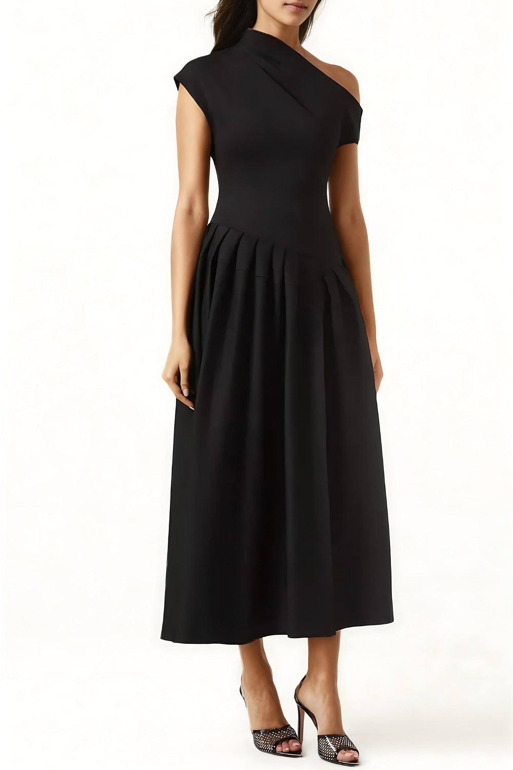 Vestido Midi Con Falda Plisada Y Escote Asimétrico Para Mujer | Ideal Para Eventos Formales