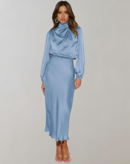 Vestido de Manga Larga con Corte Adaptado y Cuello Clásico para Mujer | Ideal para Ocasiones Formales y Semi-Formales