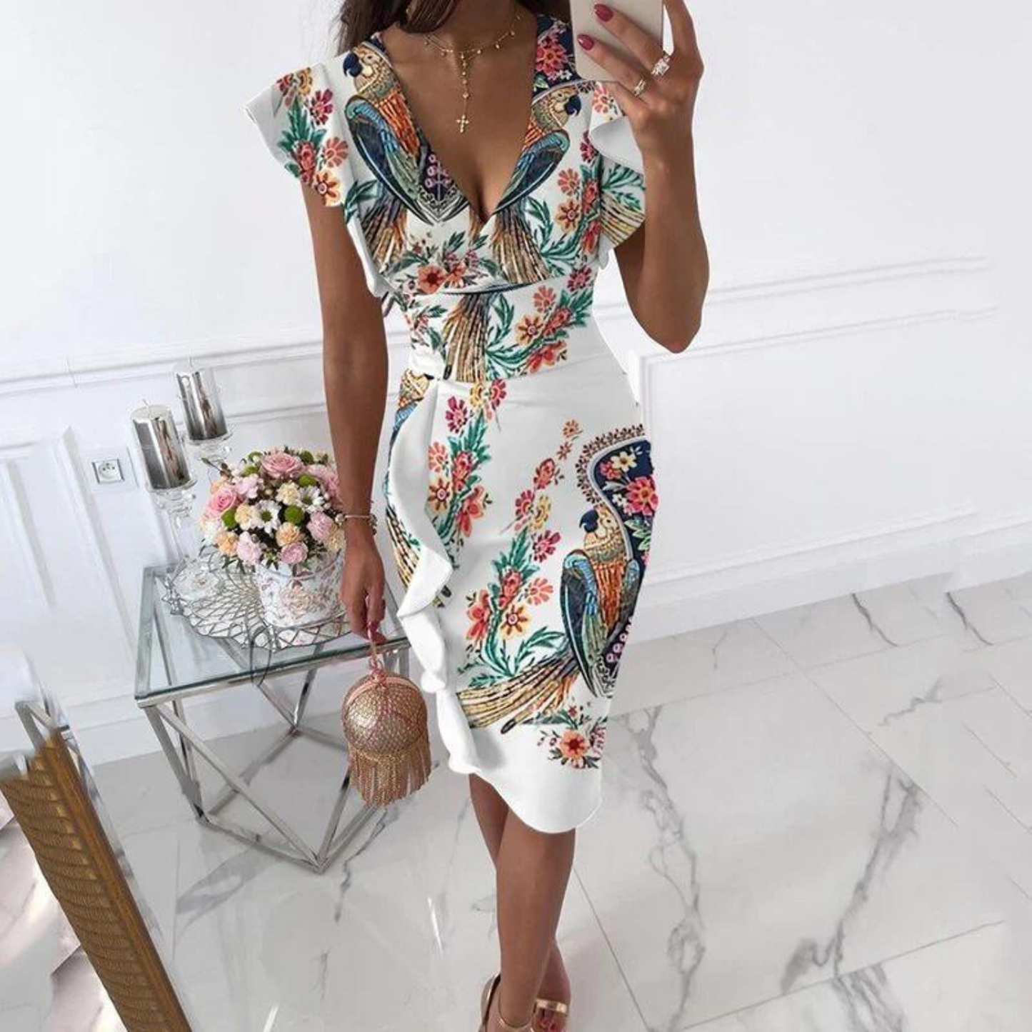 Vestido Midi Ajustado Con Estampado Floral Y Cuello En V Para Mujer | Ideal Para Eventos Y Ocasiones Sociales