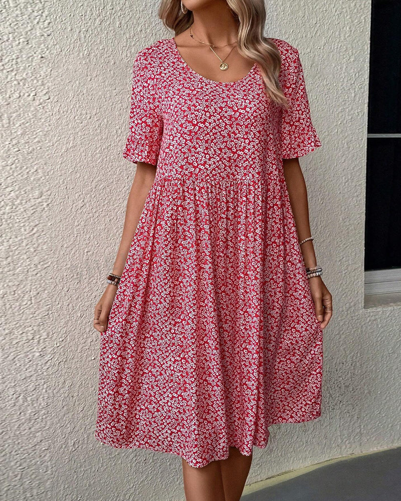 Vestido Midi con Cuello Redondo y Manga Corta Para Mujer | Ideal Para Uso Diario y Salidas Planificadas
