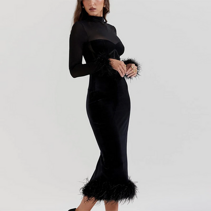 Vestido Midi con Detalles de Plumas Para Mujer | Ideal Para Eventos y Salidas Planificadas