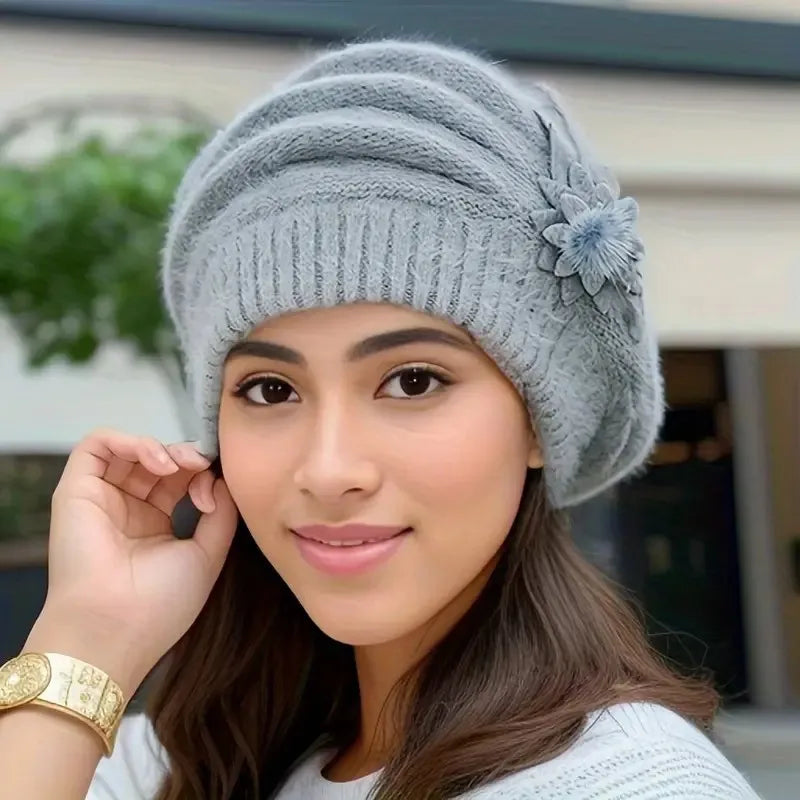 Boina De Punto Con Aplique Floral Para Mujer | Ideal Para Temporada Fría