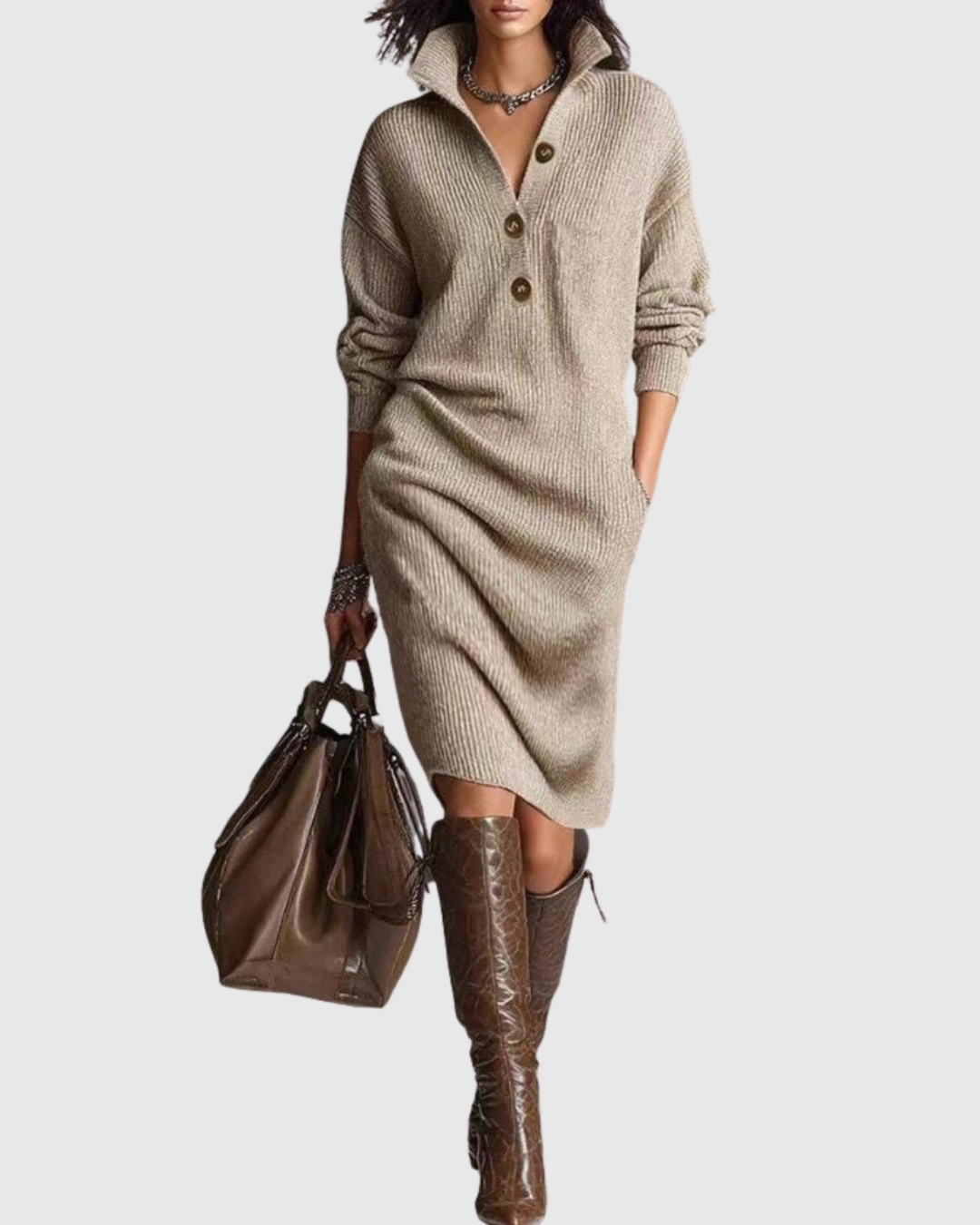 Vestido Midi Con Cuello Abotonado Y Mangas Largas Para Mujer | Ideal Para Días Fríos Y Uso Diario