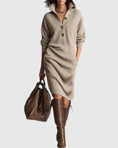 Vestido Midi Con Cuello Abotonado Y Mangas Largas Para Mujer | Ideal Para Días Fríos Y Uso Diario
