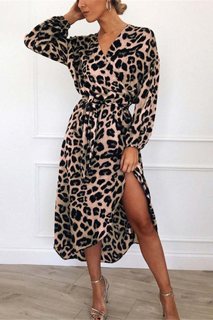 Vestido Midi con Cuello en V y Estampado de Leopardo Para Mujer | Ideal Para Salidas Planificadas y Eventos