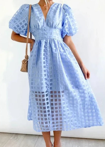 Vestido Midi con Estampado de Cuadros Calados para Mujer | Ideal para Eventos Formales y Ocasiones de Verano