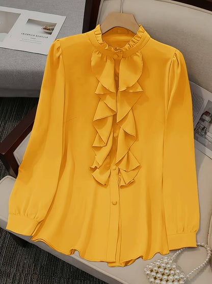 Camisa con Volantes Decorativos y Cuello Alto para Mujer | Ideal para Uso Diario o Entornos Profesionales