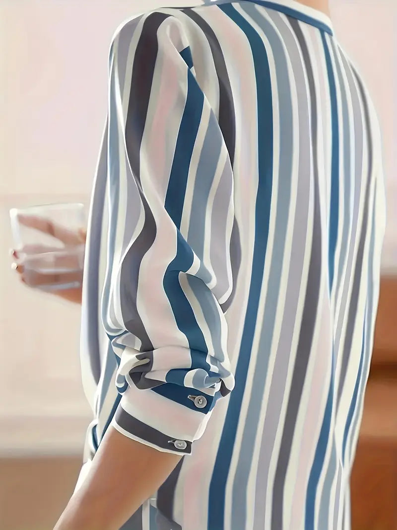 Camisa de Manga Larga con Rayas y Cierre de Botones para Mujer | Ideal para Uso Diario