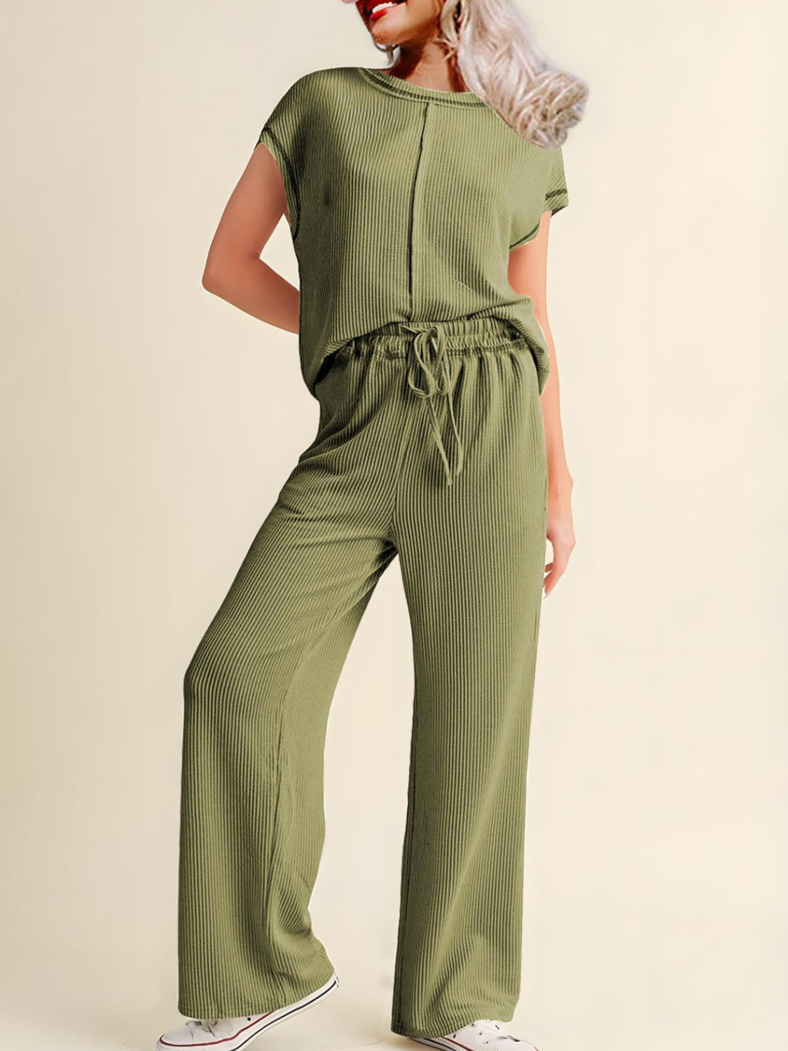 Conjunto De Dos Piezas Con Top De Manga Corta Y Pantalón A Juego Para Mujer | Ideal Para Uso Diario