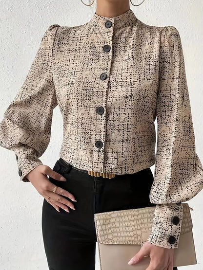 Blusa de Cuello Alto con Mangas Farol y Estampado Abstracto para Mujer | Ideal para Uso Diario