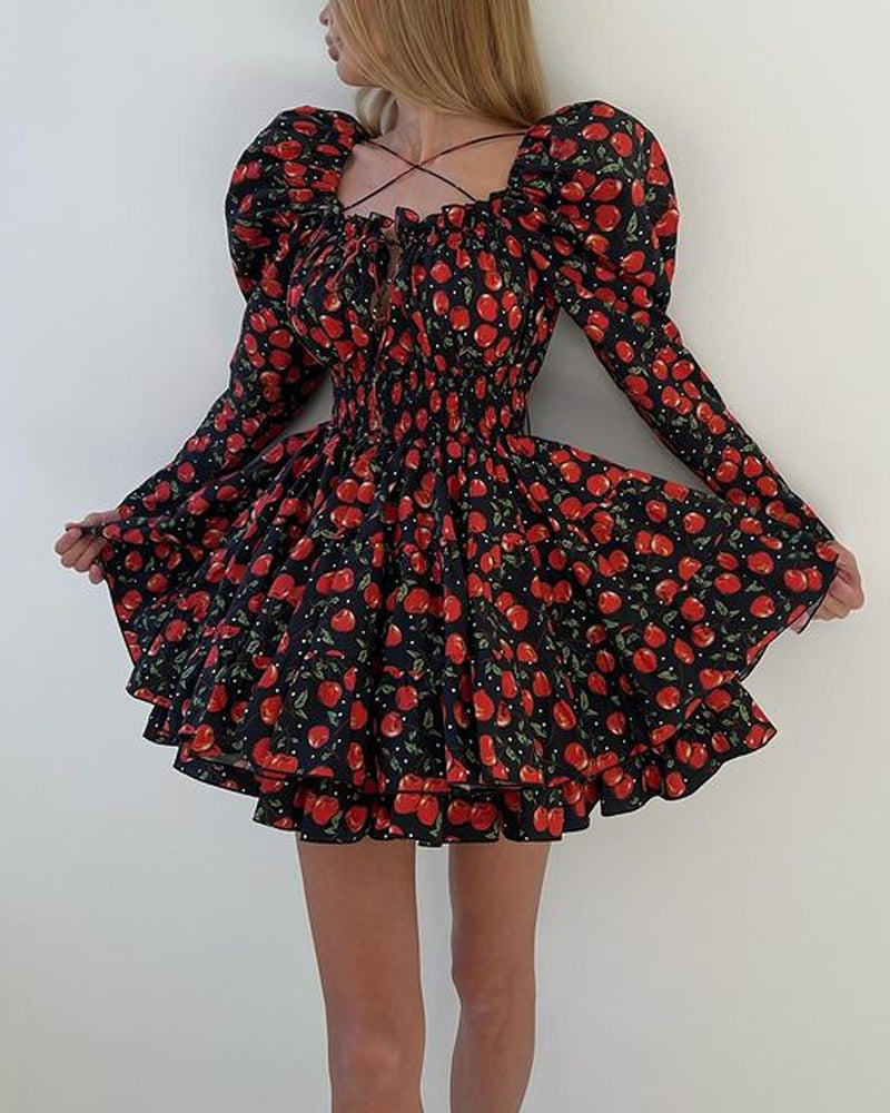 Vestido Corto con Busto Fruncido y Estampado de Cerezas para Mujer | Ideal para Uso Diario