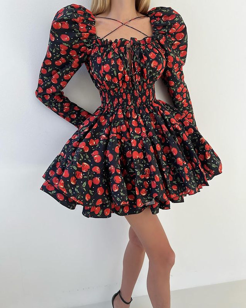 Vestido Corto con Busto Fruncido y Estampado de Cerezas para Mujer | Ideal para Uso Diario
