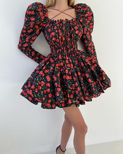 Vestido Corto con Busto Fruncido y Estampado de Cerezas para Mujer | Ideal para Uso Diario