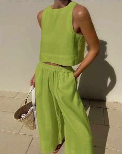 Conjunto Dos Piezas con Top Sin Mangas y Pantalón Amplio para Mujer | Ideal para Días de Verano