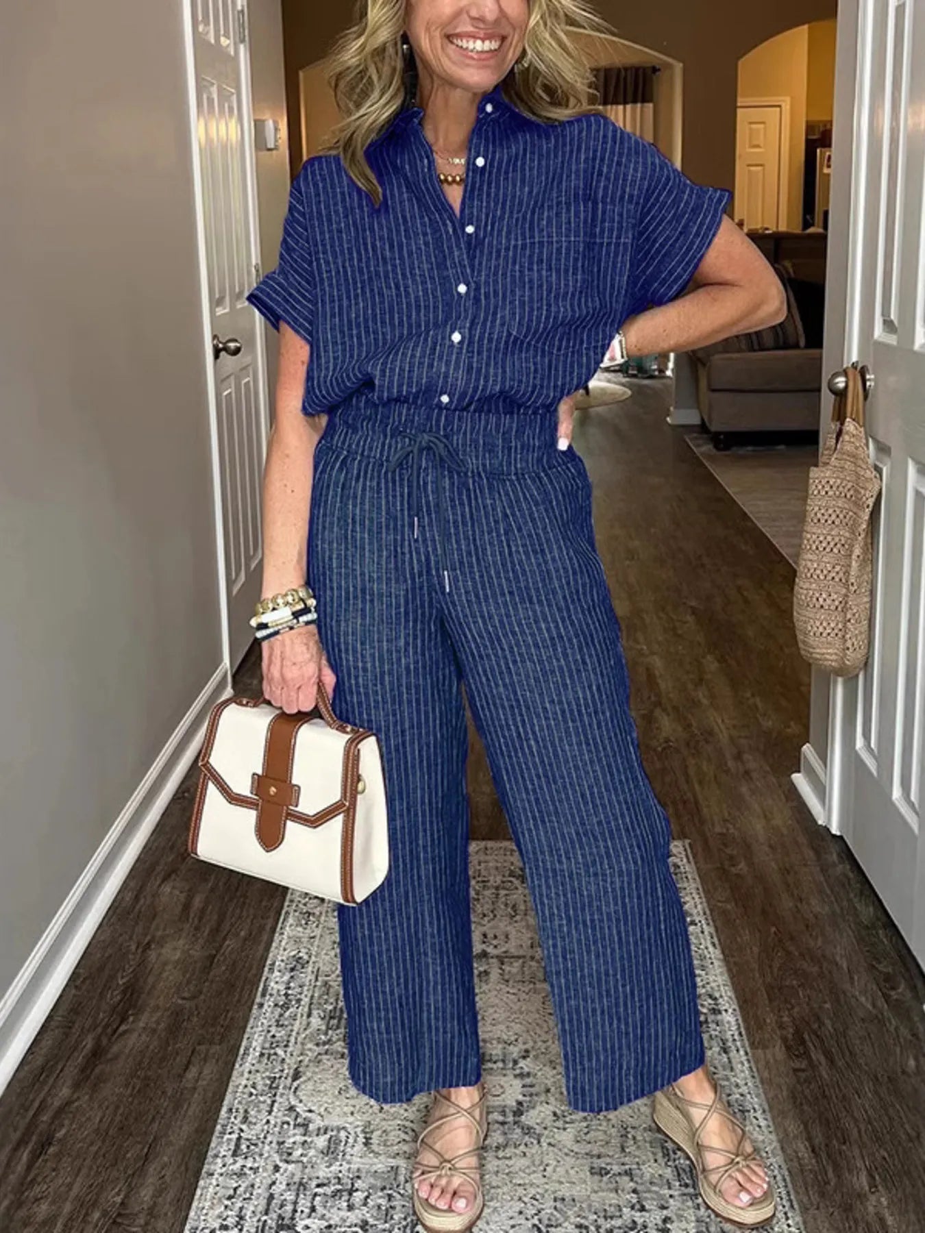 Conjunto De Dos Piezas Con Camisa Abotonada Holgada Y Pantalón Ancho Para Mujer | Ideal Para Uso Diario