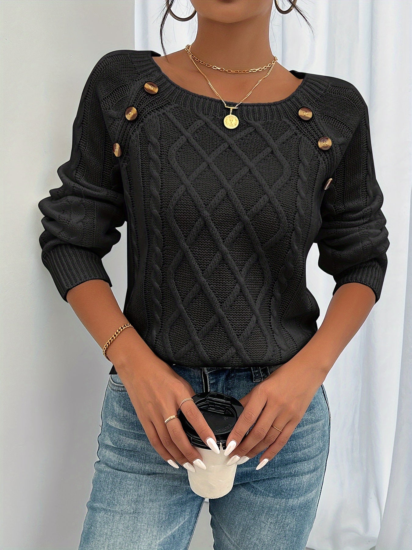 Jersey Con Punto Trenzado Y Botones En El Hombro Para Mujer | Ideal Para Uso Diario En Temporadas Frescas