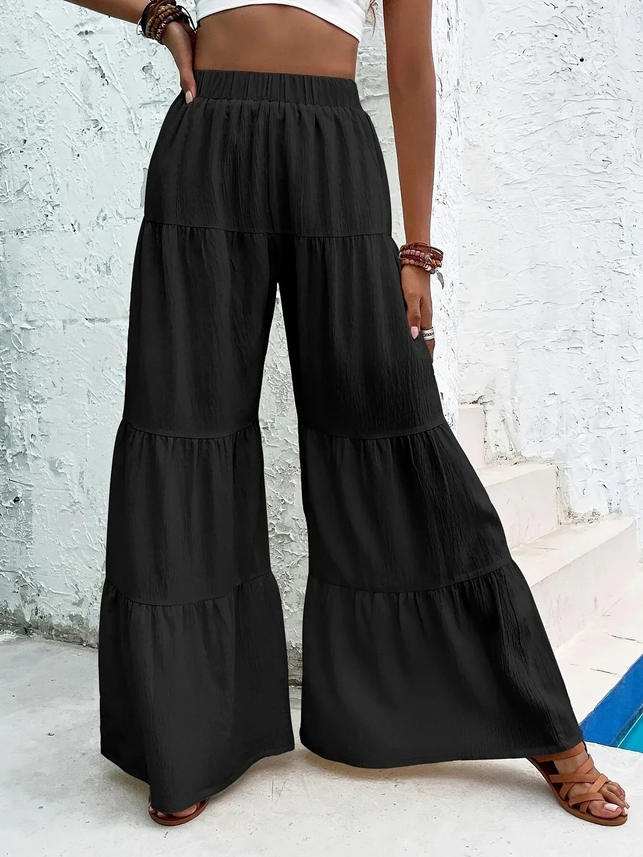 Pantalón de Pierna Ancha con Dobladillo con Volantes para Mujer | Ideal para Uso Diario y Salidas