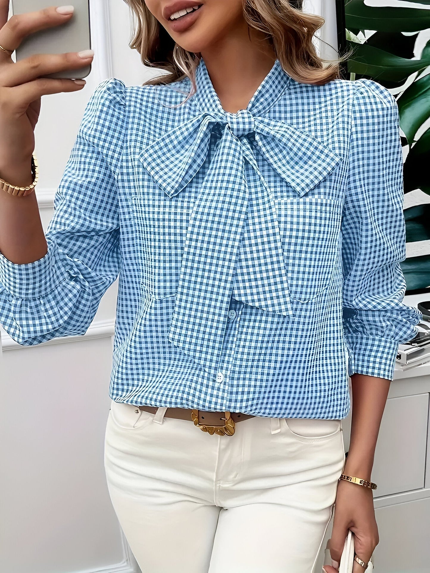 Blusa De Manga Larga Con Estampado De Cuadros Y Detalle De Lazo Para Mujer | Ideal Para Uso Diario O Profesional