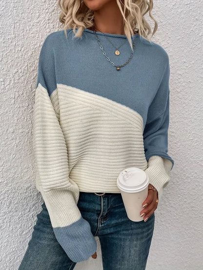 Jersey de Punto con Bloques de Color y Cuello Redondo para Mujer | Ideal para Uso Diario en Temporada Fresca