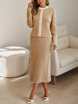 Conjunto De Dos Piezas Con Chaqueta De Cuello Redondo Contrastante Y Falda Midi Para Mujer | Ideal Para Reuniones O Eventos