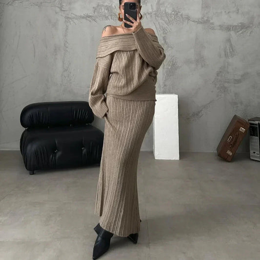 Conjunto de Jersey con Hombros Descubiertos y Falda Ajustada para Mujer | Ideal para Uso Diario y Salidas