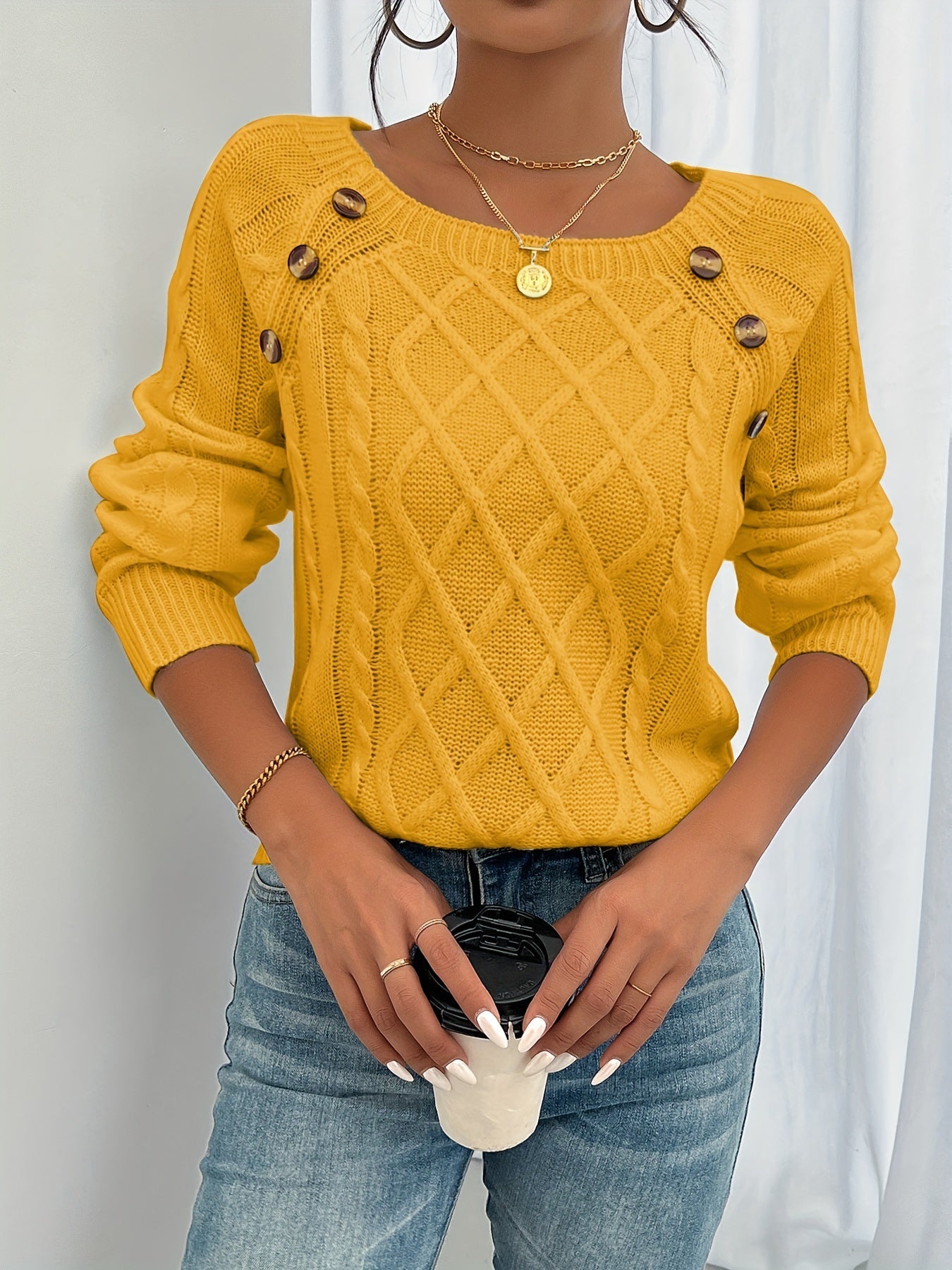 Jersey Con Punto Trenzado Y Botones En El Hombro Para Mujer | Ideal Para Uso Diario En Temporadas Frescas