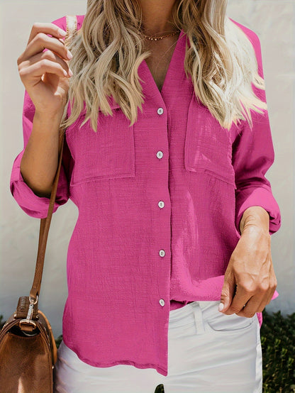 Blusa Con Escote En V, Cierre Con Botones Y Bolsillos Frontales Para Mujer | Ideal Para Uso Diario O Trabajo