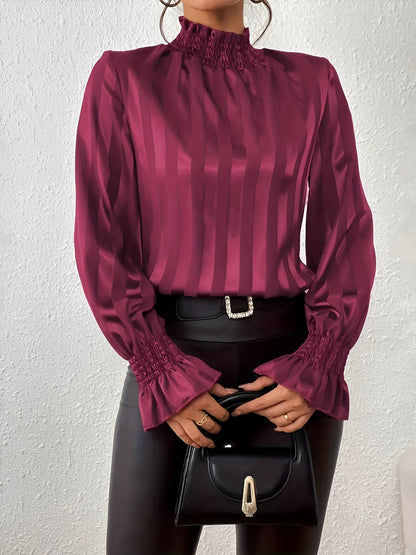 Blusa Plisada Con Mangas Largas Y Motivo A Rayas Para Mujer | Ideal Para Uso Diario O Profesional