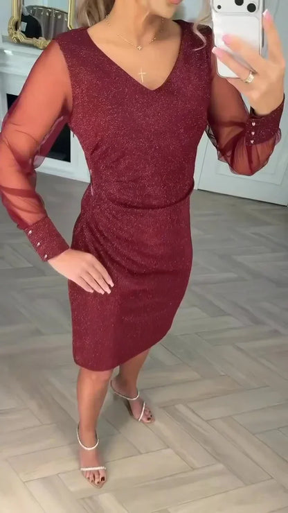 Vestido Midi Con Escote En V Y Mangas Transparentes Para Mujer | Ideal Para Uso Diario Y Actividades Sociales