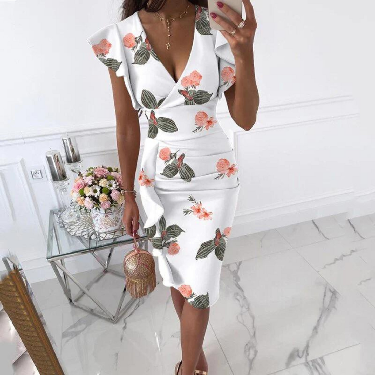 Vestido Midi Ajustado Con Estampado Floral Y Cuello En V Para Mujer | Ideal Para Eventos Y Ocasiones Sociales