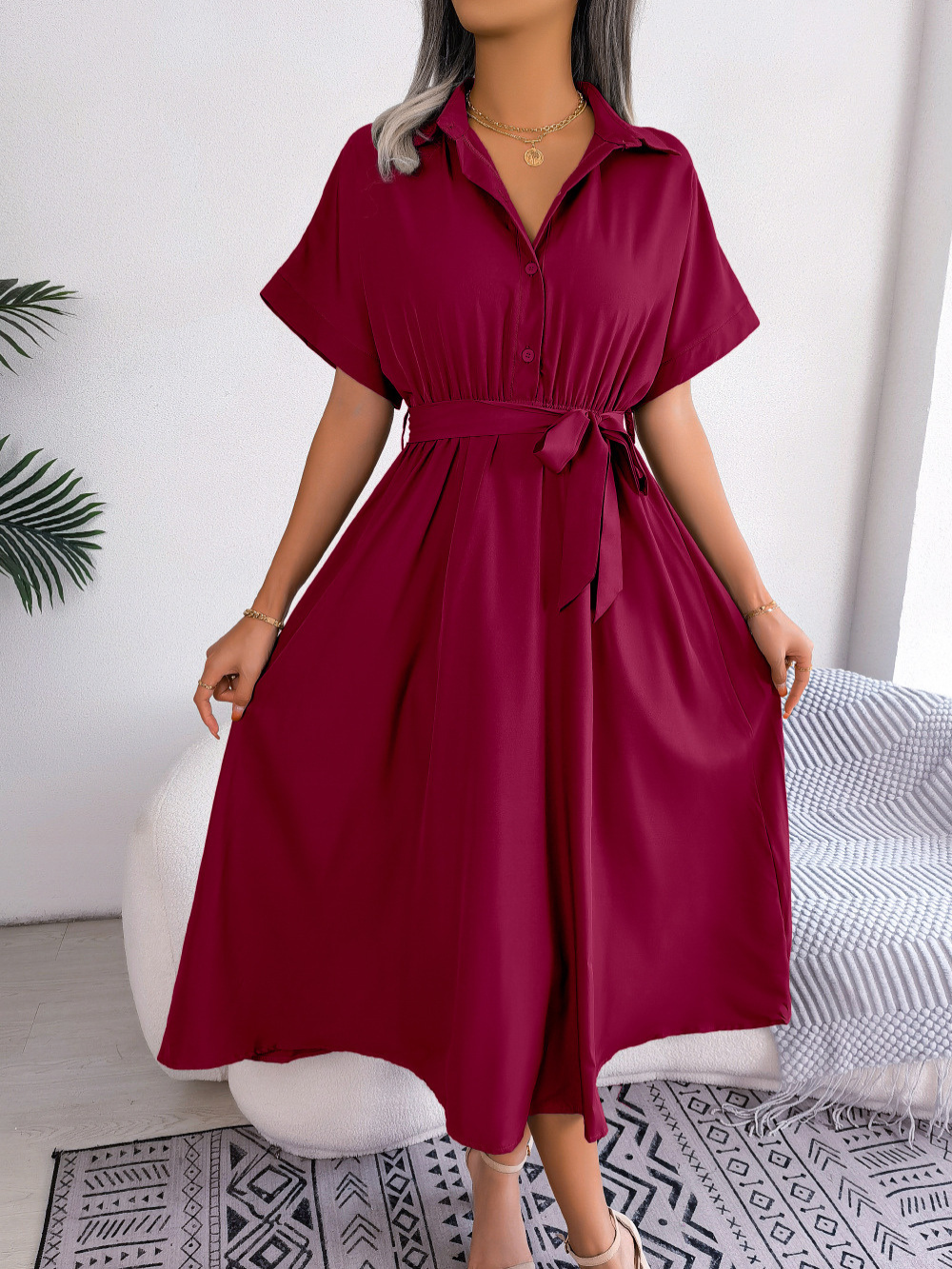 Vestido Camisero Midi con Cuello Clásico y Cinturón para Mujer | Ideal para Uso Diario