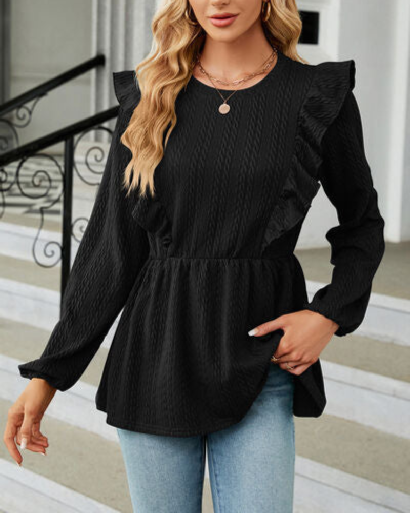 Blusa de Mujer con Cuello Redondo Volanteado y Mangas Largas | Ideal para Uso Diario y Profesional