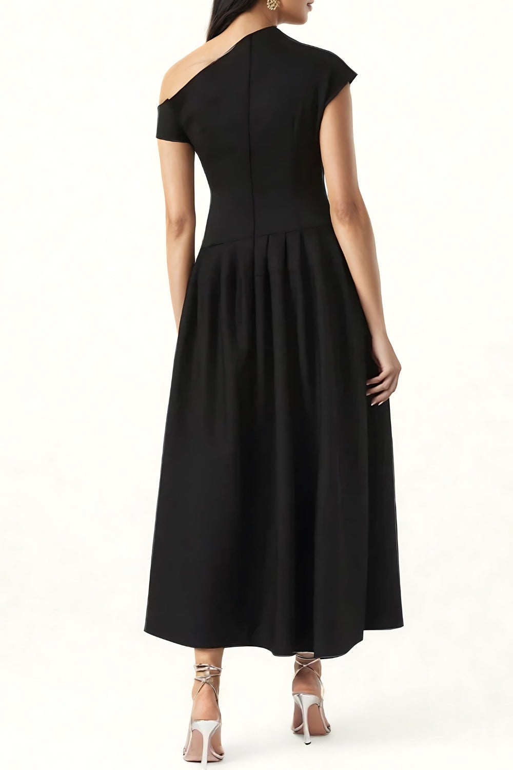 Vestido Midi Con Falda Plisada Y Escote Asimétrico Para Mujer | Ideal Para Eventos Formales
