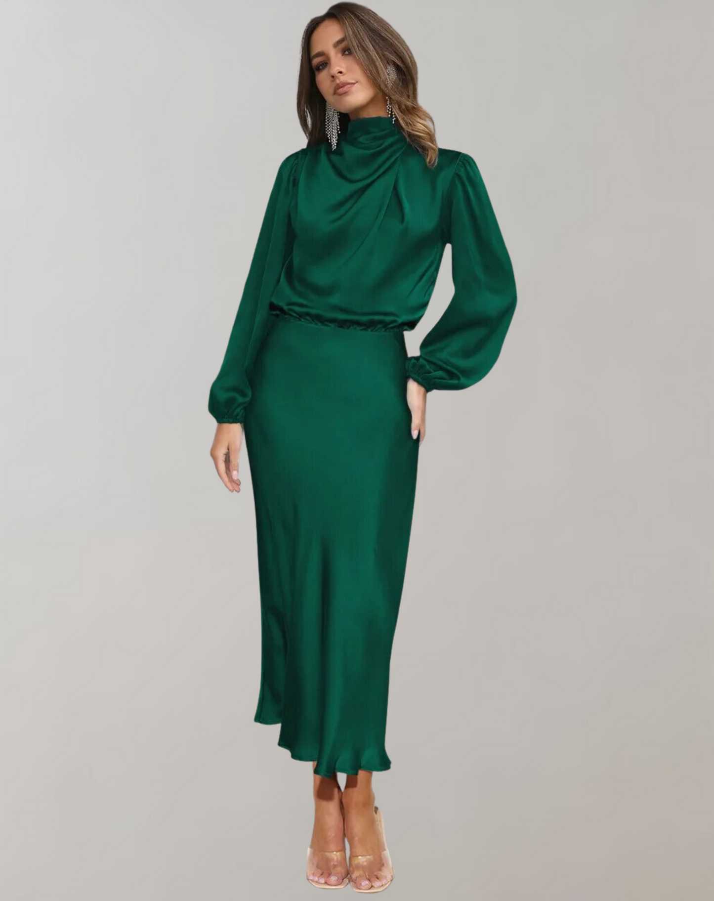 Vestido de Manga Larga con Corte Adaptado y Cuello Clásico para Mujer | Ideal para Ocasiones Formales y Semi-Formales